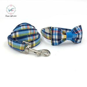 Dog Or Cat Collar And Leash Set With Bow Tie Cotton Dog &Cat Pet Necklace Adjustable Buckle For Pet Christmas Gift blue plaid