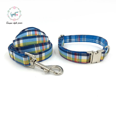 Dog Or Cat Collar And Leash Set With Bow Tie Cotton Dog &Cat Pet Necklace Adjustable Buckle For Pet Christmas Gift blue plaid