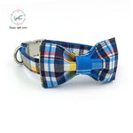 Dog Or Cat Collar And Leash Set With Bow Tie Cotton Dog &Cat Pet Necklace Adjustable Buckle For Pet Christmas Gift blue plaid