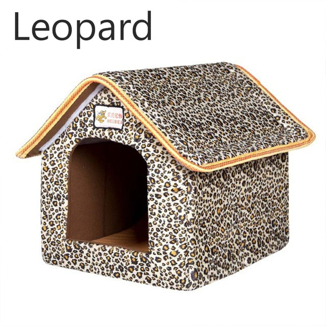 Pet Dog House Foldable Bed With Mat Soft Winter Leopard Dog Puppy Sofa Cushion House Kennel Nest Dog Cat Bed Small Medium Dogs