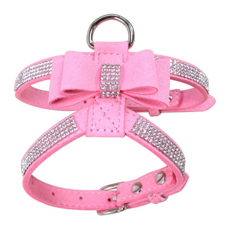 Bling rhinestone Pet Puppy Dog Harness Velvet & Leather Leash for Small Dog Puppy Cat Chihuahua Pink Collar Pet Products